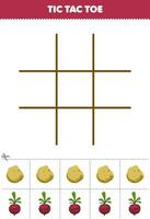 Education game for children tic tac toe set with cute cartoon potato and turnip picture printable vegetable worksheet vector