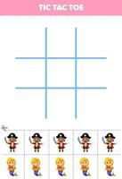 Education game for children tic tac toe set with cute cartoon pirate captain and mermaid picture printable pirate worksheet vector