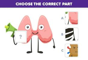 Education game for children choose the correct part to complete a cute cartoon thyroid picture printable anatomy and organ worksheet vector
