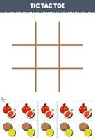 Education game for children tic tac toe set with cute cartoon pomegranate and kiwi picture printable fruit worksheet vector