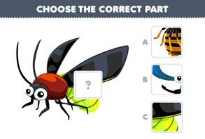 Education game for children choose the correct part to complete a cute cartoon firefly picture printable bug worksheet vector