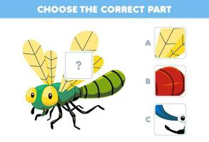 Education game for children choose the correct part to complete a cute cartoon dragonfly picture printable bug worksheet vector