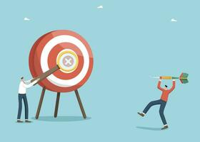 Teamwork and brainstorming to find winning strategy to achieve goal, accuracy in setting and planning path to success, successful completion of work tasks, man magnifying the target on the dart board. vector