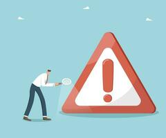 Methods and possibilities for solving difficult situation or problem, technical support, analysis and prevention of any unforeseen circumstances, man with magnifying glass walks near road danger sign. vector