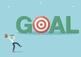 Motivation and determination on the path to great success, precision in setting goals and focus on achieving them, strategic planning in solving business problems, man throws dart right at the target. vector