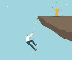 Finding ways and methods to overcome difficulties, creative strategies to achieve goals, thought process and logic to quickly complete a project or task, man climbs tightrope to top with winning cup. vector