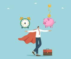 Investing in investments and stocks, increasing savings and creating deposit boxes, achieving significant success in asset management, financial growth, man holds a watch and a piggy bank on his hands vector