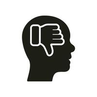 Negative Thinking Silhouette Icon. Thumb Down in Human Head Pessimism and Frustration Symbol. Mental Disorder, Bad Mood Glyph Pictogram. Pessimistic Person Solid Sign. Isolated Vector Illustration.