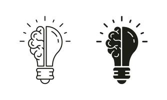 Smart Solution, Inspiration, Knowledge, Light Bulb Line and Silhouette Icon Set. Innovation Symbol on White Background. Human Brain and Lightbulb Idea Pictogram. Isolated Vector Illustration.
