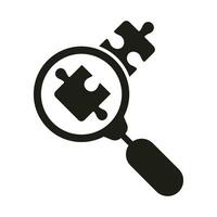 Magnifier and Puzzle Parts Match Silhouette Icon. Problem Solving, Teamwork and Connection Solid Sign. Magnifying Glass with Jigsaw Pieces Glyph Pictogram. Isolated Vector Illustration.