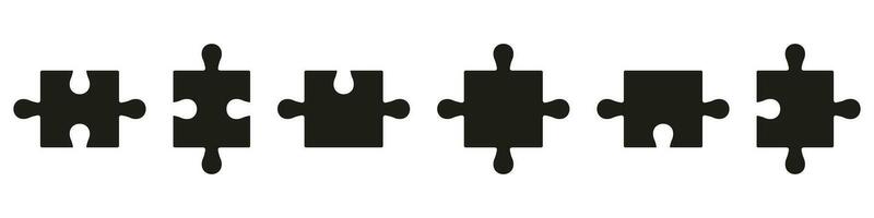 Jigsaw Parts Matching Together Silhouette Icon Set. Puzzle Pieces Fit in Combination Pictogram. Teamwork, Strategy, Brainstorming Solid Symbol. Complete Game Solution. Isolated Vector Illustration.