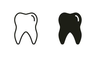 oral higiene pictograma colocar. diente cuidado, dental tratamiento símbolo colección en blanco antecedentes. humano diente línea y silueta icono. odontología clínica logo. aislado vector ilustración.