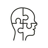 Solution in Human Head Line Icon. Person's Brain and Jigsaw, Creation Idea Concept Linear Pictogram. Thinking Intellectual Process Outline Symbol. Editable Stroke. Isolated Vector Illustration.