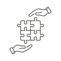 Puzzle and Human Hands Line Icon. Problem Solving, Strategy, Solution Outline Sign. Successful Teamwork. Jigsaw Pieces Match Together Linear Pictogram. Editable Stroke. Isolated Vector Illustration.