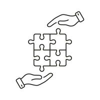 Puzzle and Human Hands Line Icon. Problem Solving, Strategy, Solution Outline Sign. Successful Teamwork. Jigsaw Pieces Match Together Linear Pictogram. Editable Stroke. Isolated Vector Illustration.