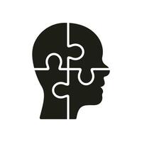 Puzzle in Human Head Solution Concept Silhouette Icon. Creation Idea, Person's Brain and Jigsaw Pieces Glyph Pictogram. Brainstorm Intellectual Process Solid Symbol. Isolated Vector Illustration.