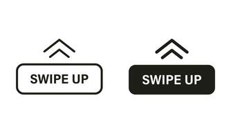 Swipe Up Button Line and Silhouette Black Icon Set. Slide, Drag Action Pictogram. Move Gesture Button for Social Media App Symbol Collection on White Background. Isolated Vector Illustration.