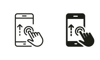 Scroll Up in Cellphone Line and Silhouette Icon Set. Swipe Up Gesture on Mobile Phone Display Pictogram. Touch Screen in Digital Electronic Device Symbol Collection. Isolated Vector Illustration.