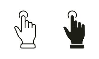 Click Gesture, Hand Cursor of Computer Mouse Line and Silhouette Icon Set. Pointer Finger Press or Point Pictogram. Swipe, Touch, Tap Sign Collection on White Background. Isolated Vector Illustration.