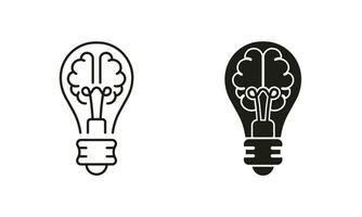 Light Bulb and Human Brain Pictogram. Knowledge, Smart Solution Line and Silhouette Icon Set. Inspiration, Creative Idea Symbol Collection on White Background. Isolated Vector Illustration.