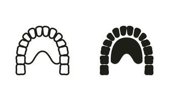 humano mandíbula con dientes y lengua silueta y línea íconos colocar. maxilar superior, inferior mandíbula pictograma. maxilar fisiología. dental tratamiento, odontología negro símbolo recopilación. aislado vector ilustración.