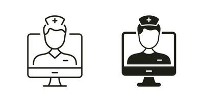 Video Online Medical Service Line and Silhouette Black Icon Set. Remote Virtual Doctor Pictogram. Telemedicine Healthcare Sign. Physician Consultation Symbol Collection. Isolated Vector Illustration.