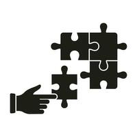 Brainstorming Process, Problem Solving, Puzzle Strategy Solution. Connect Parts of Puzzle Solid Symbol. Jigsaw and Human Hand Silhouette Icon. Team Game Glyph Pictogram. Isolated Vector Illustration.