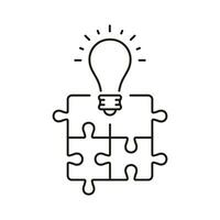 Puzzle and Lightbulb, Creative Solution Concept Line Icon. Business Innovation, Problem Solving Linear Pictogram. Jigsaw with Light Bulb Outline Sign. Editable Stroke. Isolated Vector Illustration.