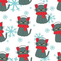 Seamless pattern of cute cats and winter elements for fabric prints, textiles, gift wrapping paper. colorful vector for children, flat style