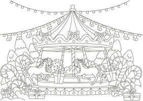 Christmas coloring page with merry-go carousel with christmas decorations and trees for kids and adults vector