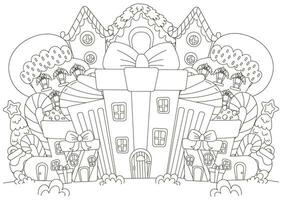 Navidad colorante página con pueblo creado desde regalo conformado casas y Navidad decoraciones y dulces para niños y adultos vector