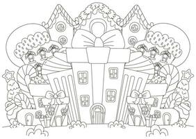 Christmas coloring page with town created from gift shaped houses and christmas decorations and sweets for kids and adults vector