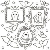 Halloween cozy coloring page with ghost family portrait in frames for kids and adults vector