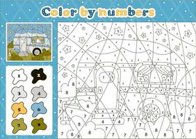 Car themed coloring page by number for kids with cute camping vehicle at night background, vector