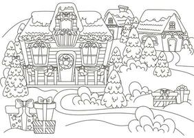 Christmas village coloring page for kids and adults with gifts and christmas tree and wreath vector