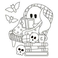 Víspera de Todos los Santos acogedor colorante página con fantasma personaje sentado en sillones y leyendo libros, murciélagos y calaveras vector