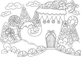Christmas elf boot house with chritmas sweets and gingerbread man and lollipops coloring page for kids and adults vector