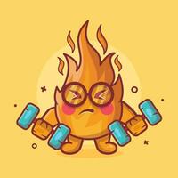 gracioso fuego fuego personaje mascota haciendo culturismo utilizando pesa aislado dibujos animados en plano estilo diseño vector