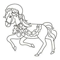 Christmas coloring page with horse character with santa hat and christmas decoration for kids and adults vector