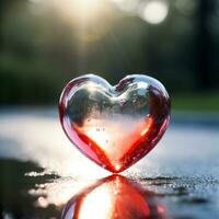 Glass heart on wet road, with reflection in asphalt. Sun shining from behind. Valentine's Day love theme. photo