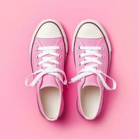 Pink sneakers on pink background. photo