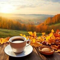 café taza con distante otoño ver foto