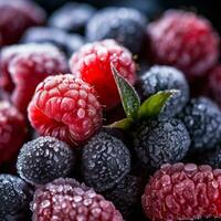 Close-Up Macro Shot of Frozen Berries Raspberries, Blueberries, Blackberries, and Mint Leaf photo