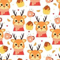 seamless pattern cartoon deer wearing scarf. cute animal wallpaper with dessert illustration for gift wrap paper, winter wallpaper vector