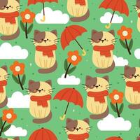 seamless pattern cartoon cat with flower and sky element. cute animal wallpaper illustration for gift wrap paper vector