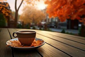 un taza de café en de madera café mesa calle ver con otoño otoño arboles ai generado foto