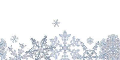 mano dibujado acuarela azul y plata copos de nieve, agua hielo cristales congelado en invierno. ilustración aislado sin costura borde, blanco antecedentes. diseño fiesta póster, imprimir, sitio web, tarjeta, invitación vector