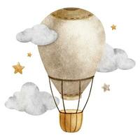 Beige Hot Air Balloon with basket flying in clouds and stars. Cute baby aircraft. Watercolor illustration. Isolated. Design for kid's goods, clothes, postcards, baby shower and children's room vector