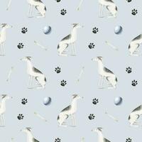 A whippet dogs. A pet dogs. The hound dog Dogs, paws, balls and bones. Watercolor seamless pattern.Cute pet-themed print for, fabric, design, veterinary clinic,pet store, logo,scrapbooking, pet tags. vector