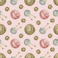 Brown, gray and pink yarn balls and knitting needles. Watercolor seamless pattern on pink background. For fabric, packaging paper, scrapbooking, product packaging design, yarn or wool shop. vector